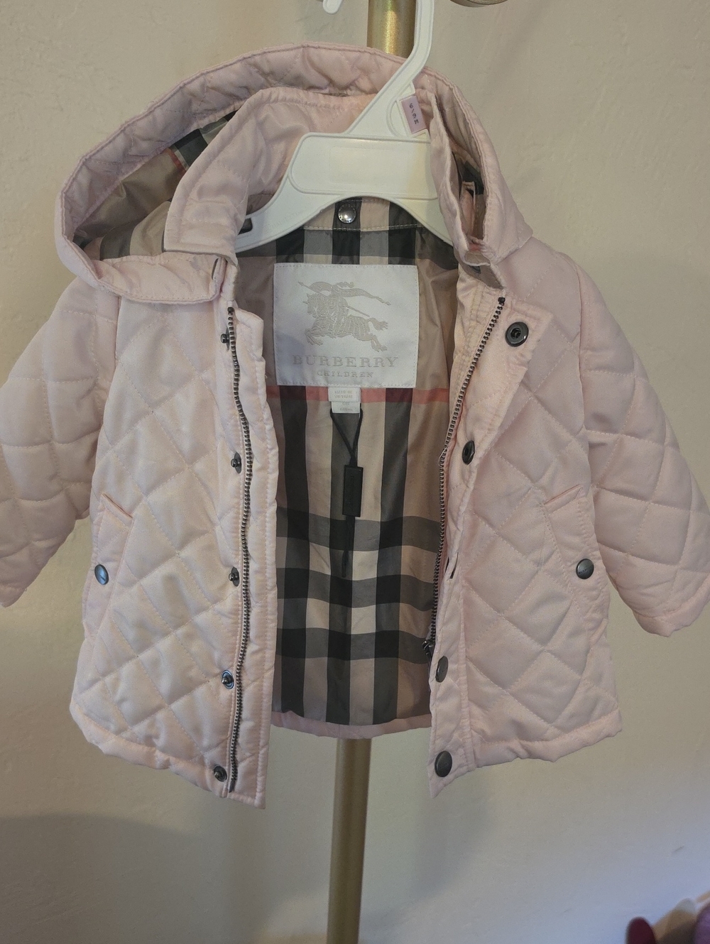 Burberry Quilted Hooded Jacket in Pale Pink with Check Lining